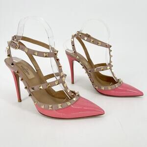 Valentino Garavani Rose Pink Patent Rockstud Ankle Strap Caged Pumps EU 38.5